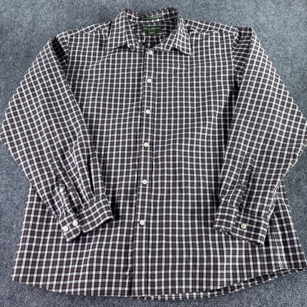 Eddie Bauer Button Down Shirt Mens XL Brown Plaid Wrinkle Resistant Classic Fit